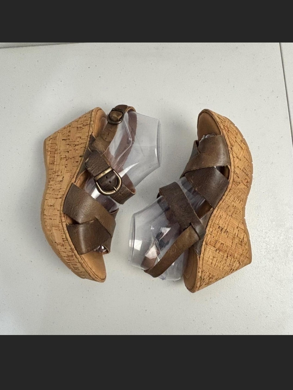 Born Brown Cork Wedge Sandals with Crisscross Straps and Buckle